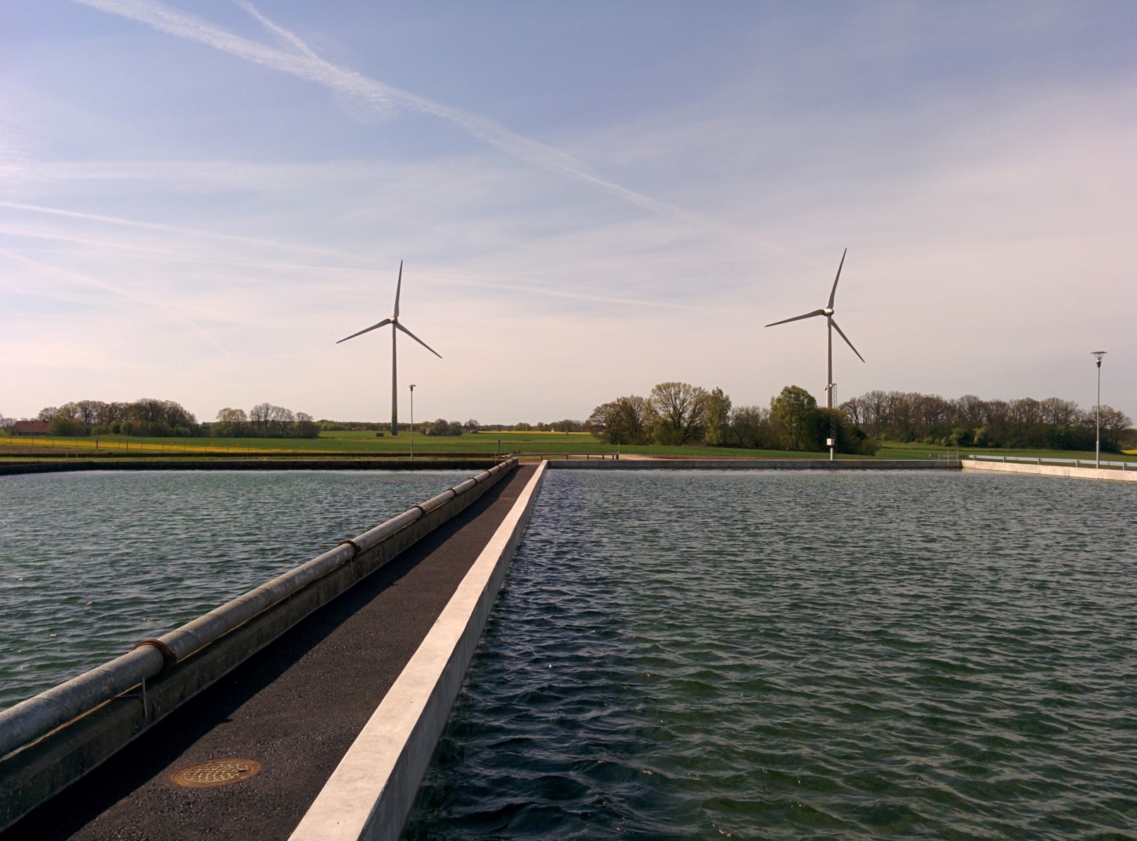 Slow sand filters with windmills. Photo.